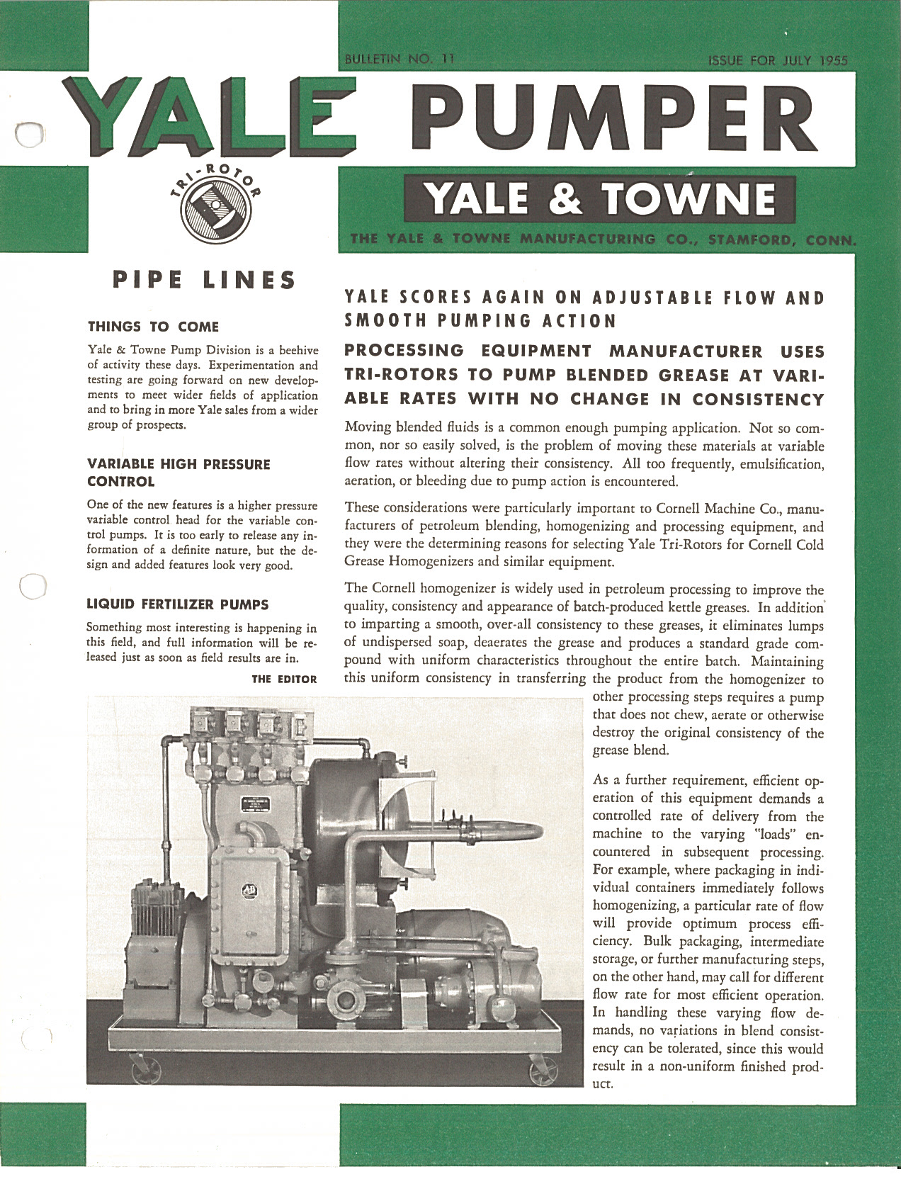 Yale & Towne Tri-Rotor Pumper Bulletin No. 11 July 1955 Grease