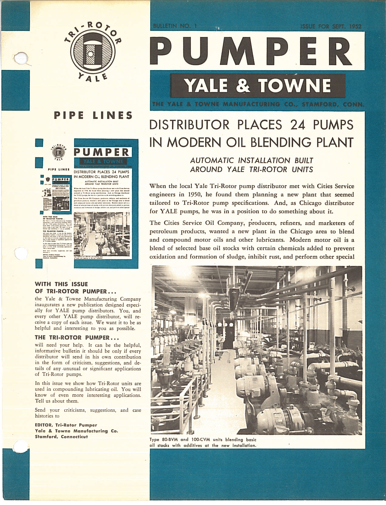 Yale & Towne Tri-Rotor Pumper Bulletin No. 1 September 1952 Oil Blending