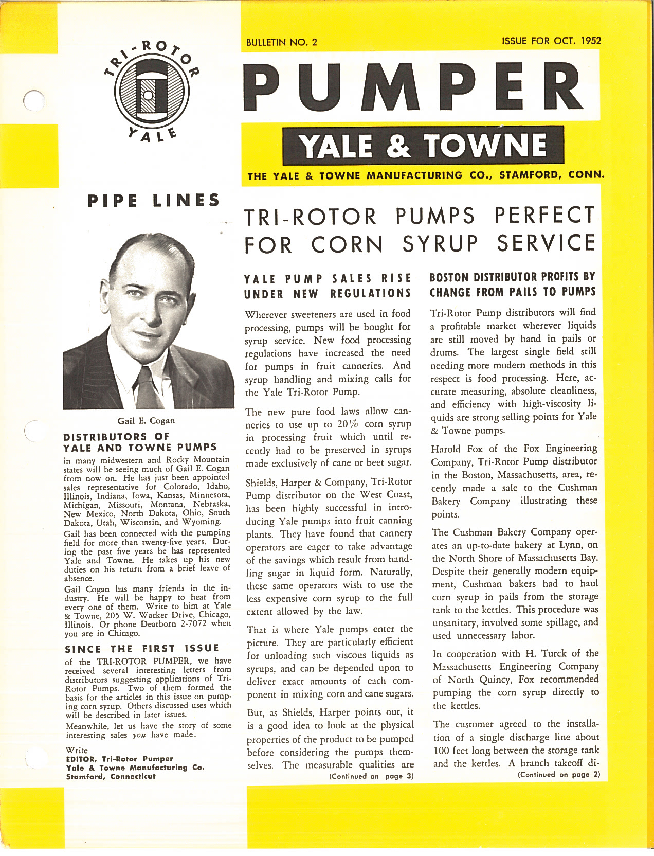 Yale & Towne Tri-Rotor Pumper Bulletin No. 2 October 1952 Corn Syrup