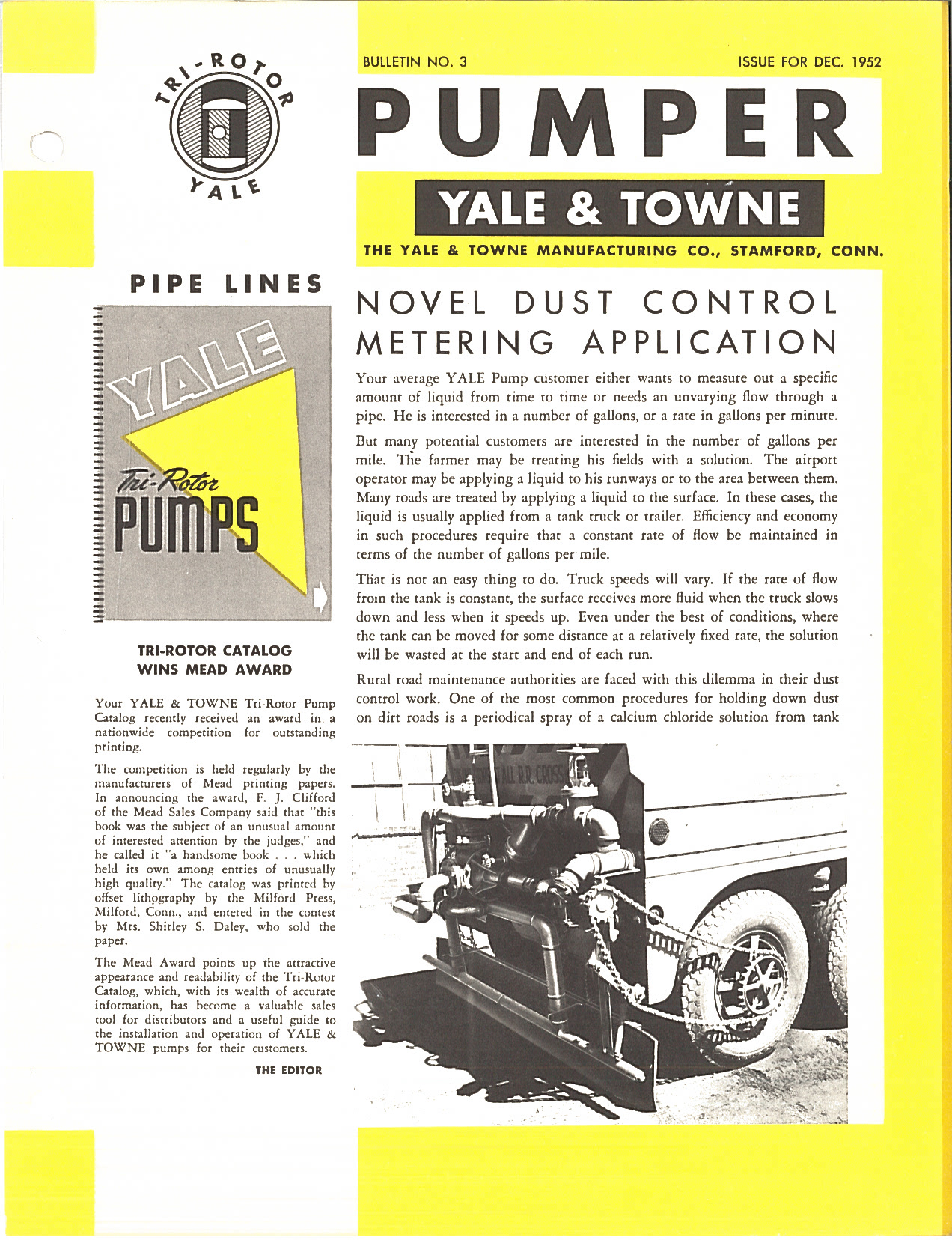 Yale & Towne Tri-Rotor Pumper Bulletin No. 3 December 1952 Dust Control