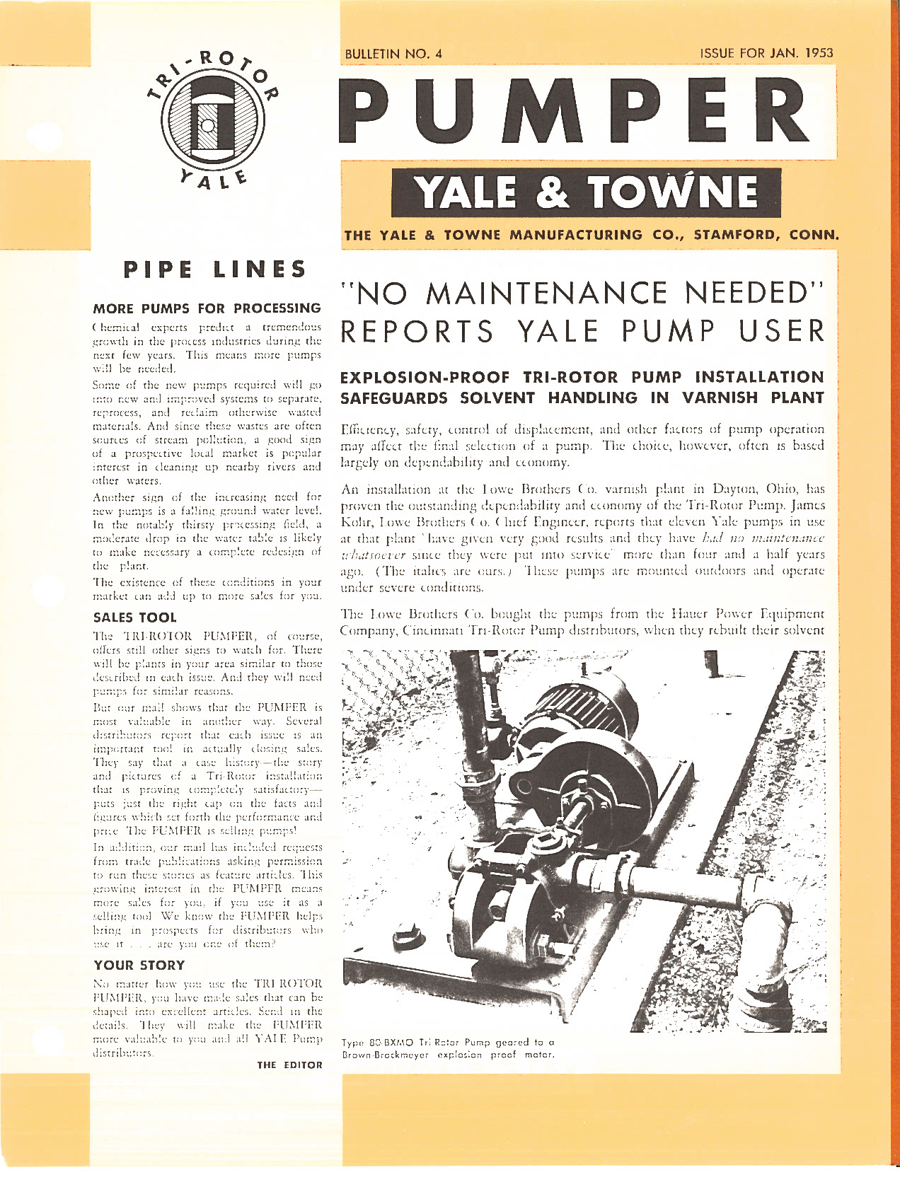 Yale & Towne Tri-Rotor Pumper Bulletin No. 4 January 1953 Solvent