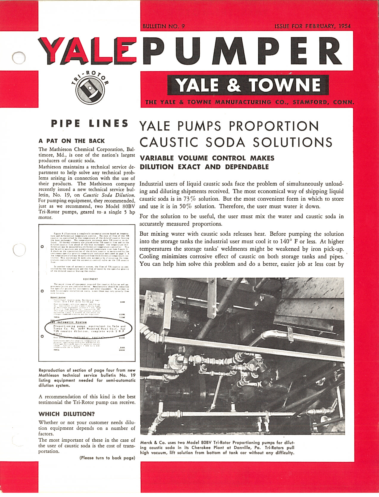 Yale & Towne Tri-Rotor Pumper Bulletin No. 9 February 1954 Caustic Soda